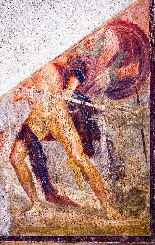 Fresco: Achilles, naked but for a cloak, draws his sword while Athena, behind him, holds him back by the hair.
