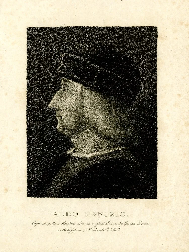 Engraved portrait in profile of a man in a soft cap and fur-collared gown, lettered ALDO MANUZIO.