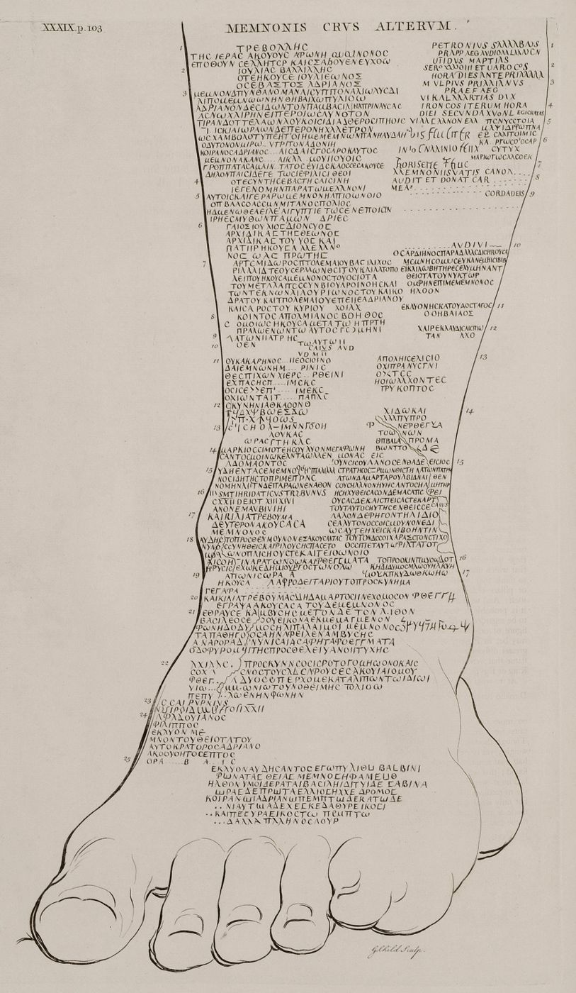 Engraving of a colossal stone leg and foot covered with copied inscriptions.
