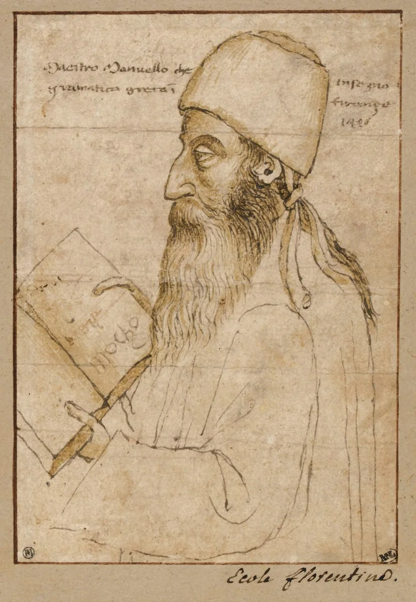 Pen drawing of a bearded old man in a tall cap, seen in profile, holding a book.