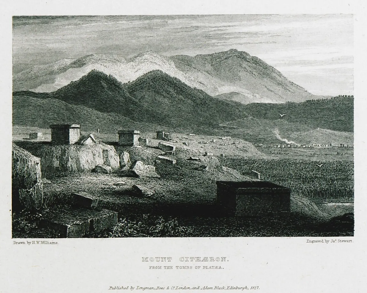 An engraved landscape: a long mountain ridge rising beyond a plain with ruins.