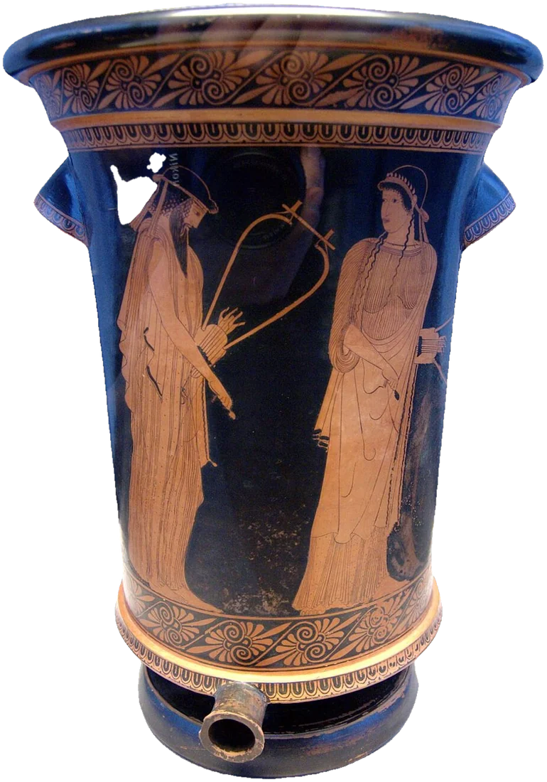 The whole red-figure kalathos, with Alcaeus and Sappho standing face to face, each holding a barbitos.