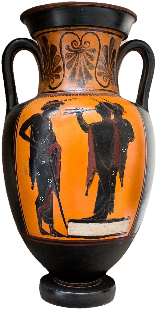 Black-figure amphora: two youths on a low platform, one playing pipes, and a draped man.