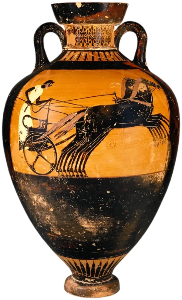 A black-figure amphora with a charioteer driving four galloping horses.