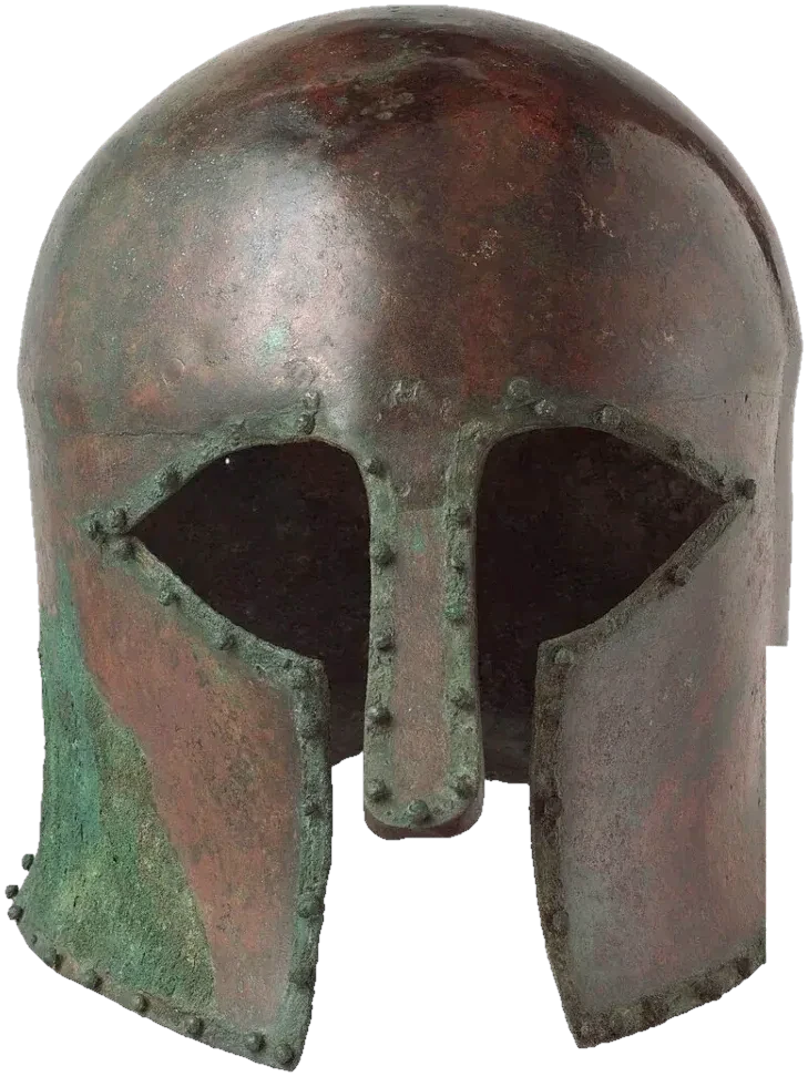 A bronze helmet covering the whole face, with eye openings and a nose guard.