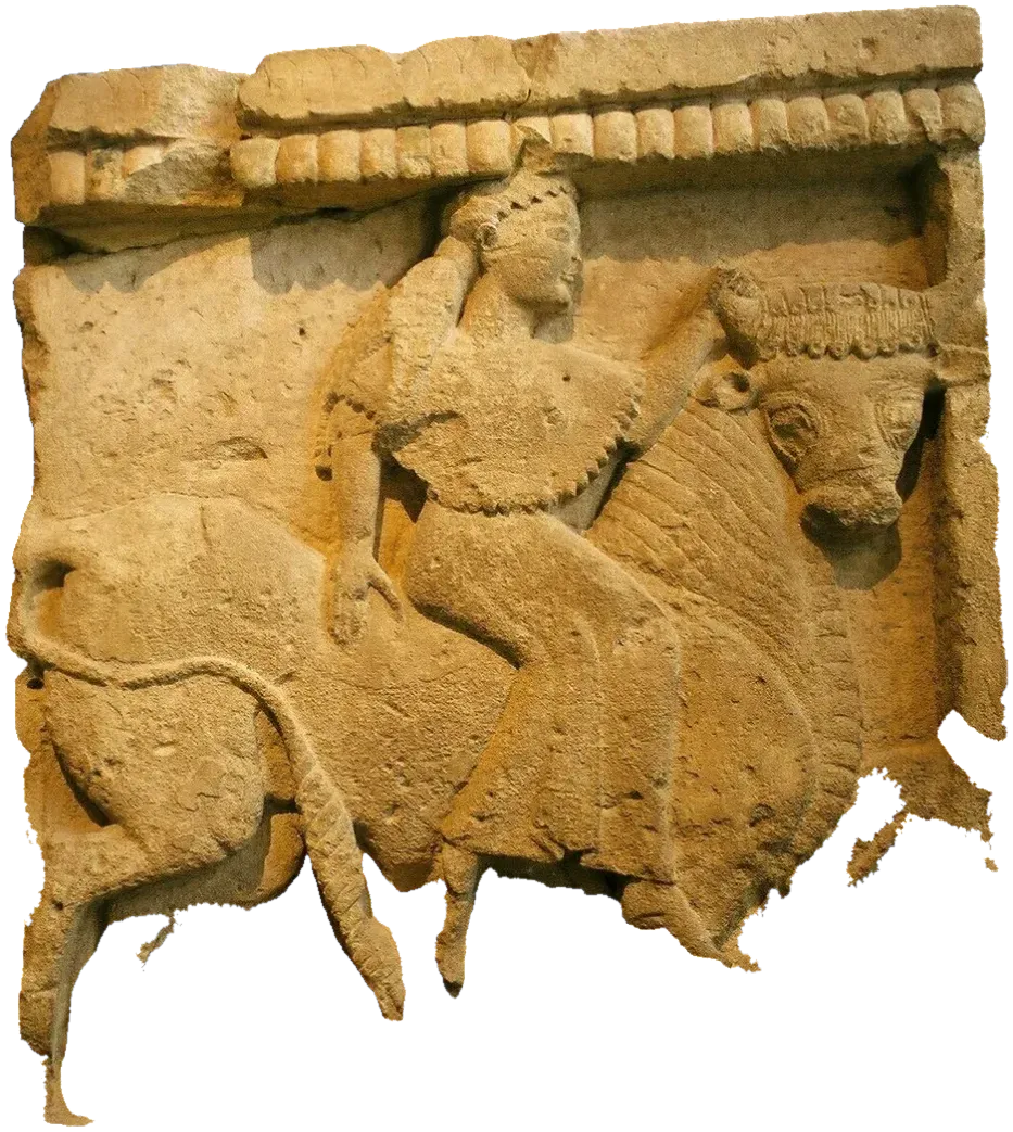 A stone relief of a woman riding a bull over the sea.