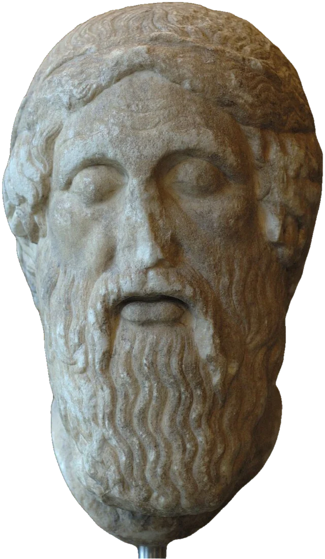 Marble head of a bearded man with closed eyes.