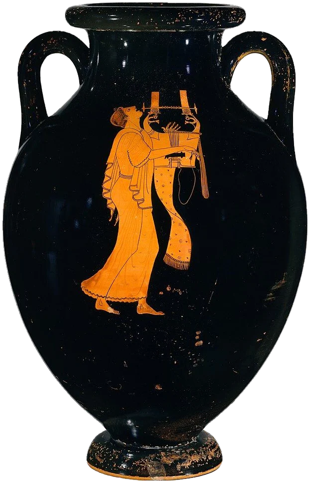 Black amphora with a single red figure of a young man in a long robe, head thrown back, playing a large kithara.