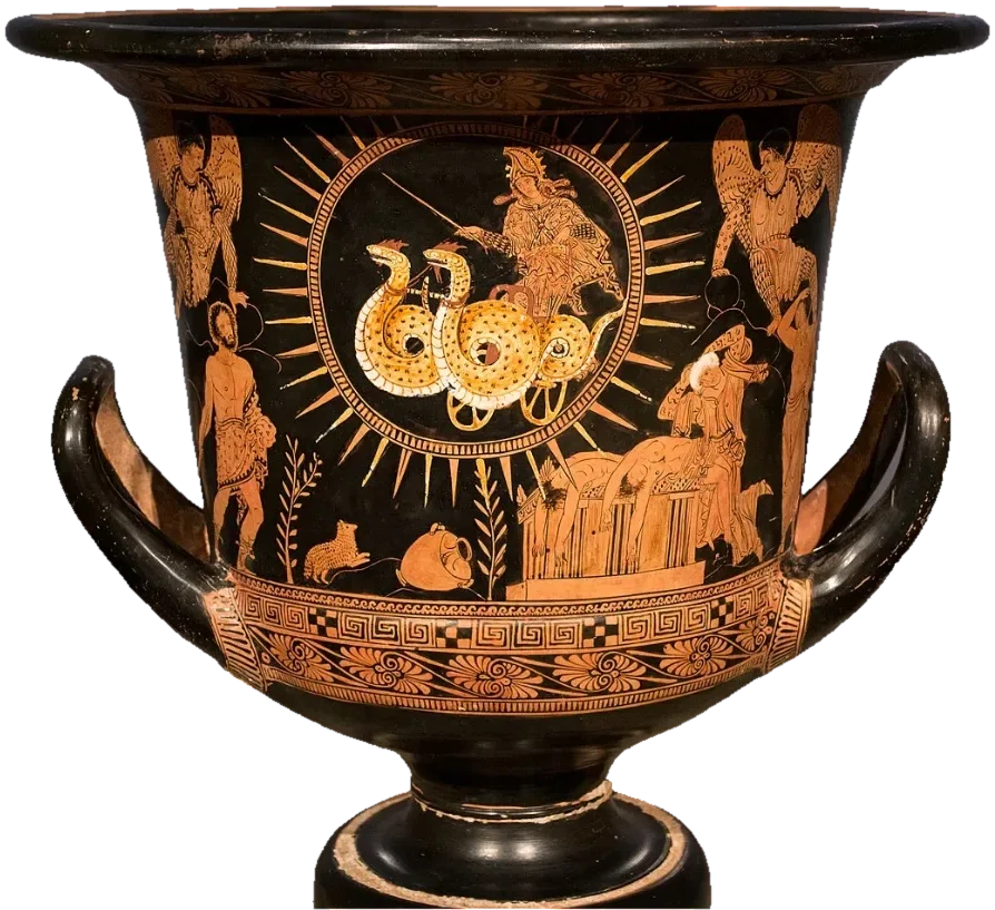 A red-figure krater: a woman in a sun-ringed chariot drawn by snakes above figures and an altar.