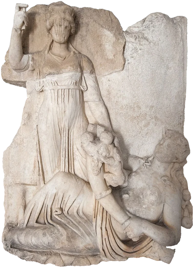 Marble relief: a standing woman, one arm raised, with a reclining female figure at her feet.