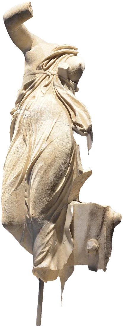 Marble statue of a woman in motion, her drapery swirling.