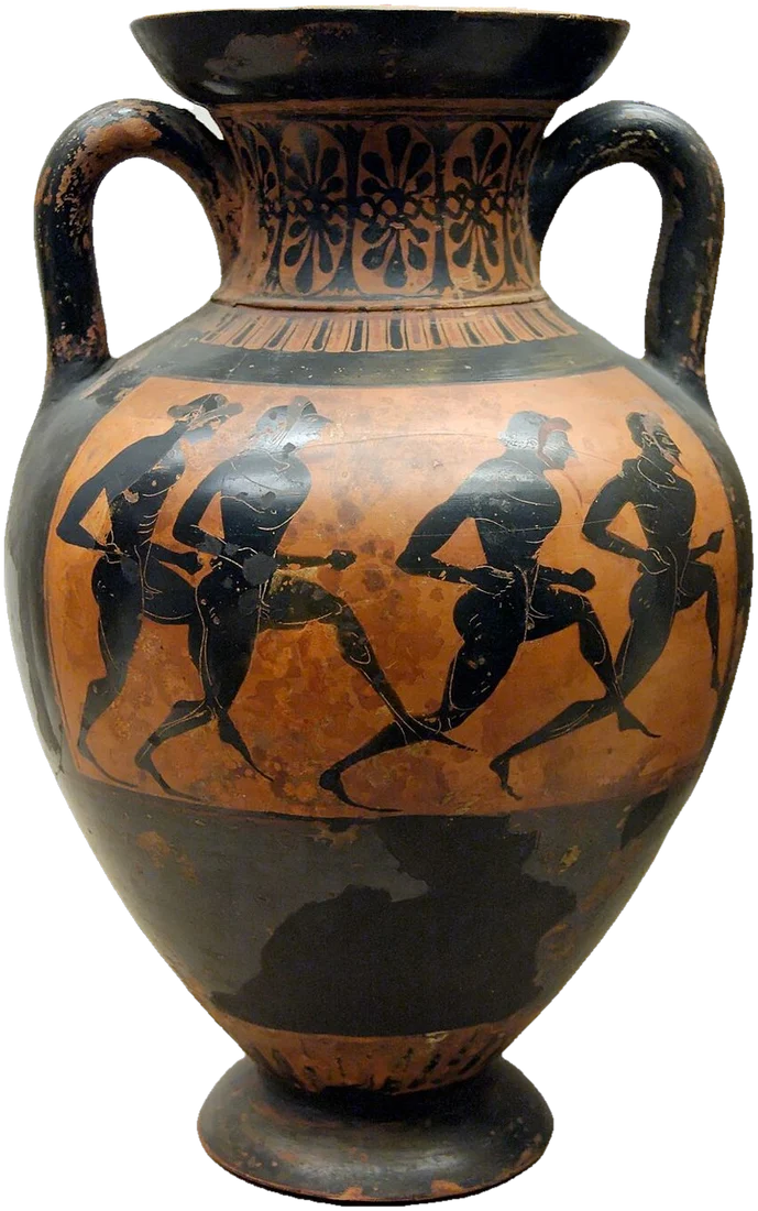 Black-figure amphora: four nude men running in a line, arms swinging.