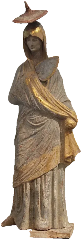 A painted clay statuette of a cloaked woman wearing a pointed sun hat.