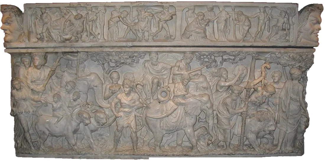 A marble sarcophagus carved all round with a crowded procession of figures, elephants and panthers.