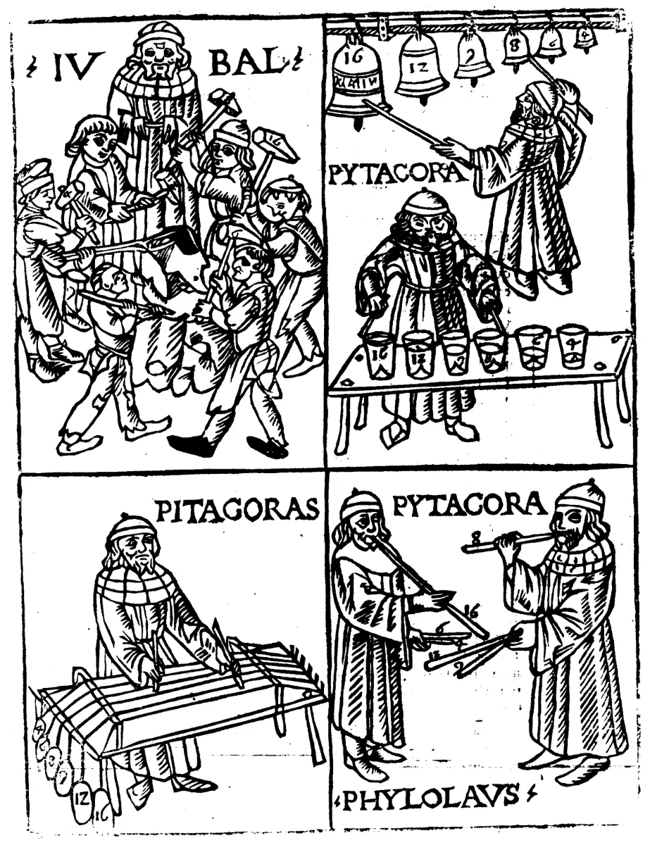 A woodcut in four panels: smiths with hammers; Pythagoras striking bells and glasses; Pythagoras at a stringed instrument with weights; Pythagoras and Philolaus with pipes.