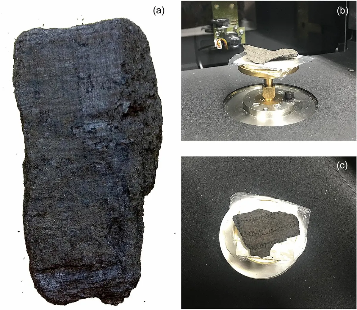 Three photographs of blackened, charred papyrus rolls and a fragment.