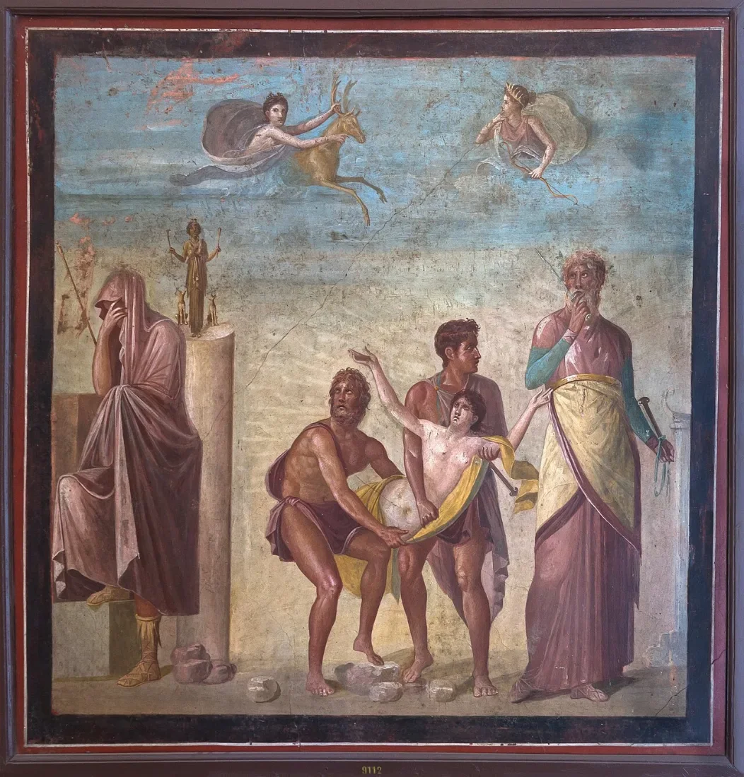 A Roman wall painting: two men carry a girl towards an altar; a veiled man turns away.