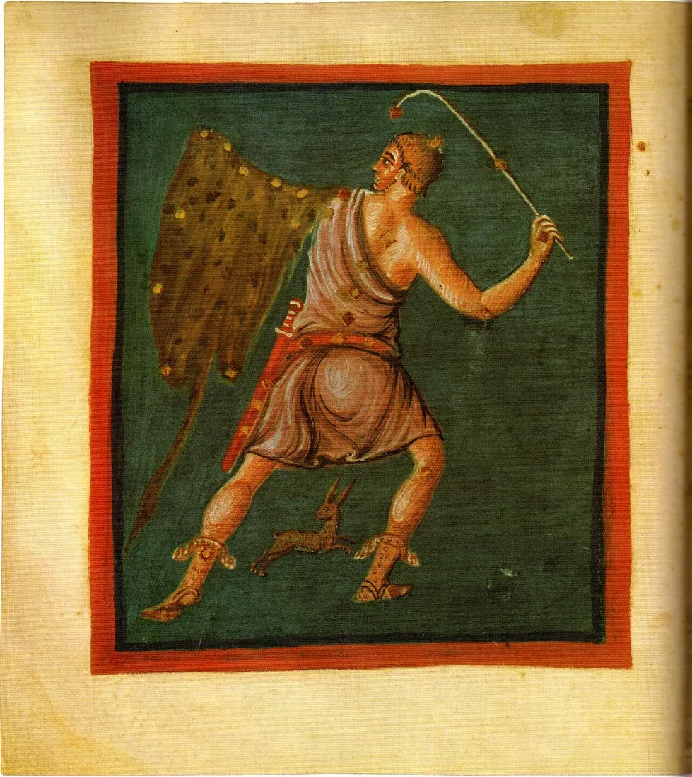A painted manuscript page: Orion the hunter with a club and cloak, studded with stars.