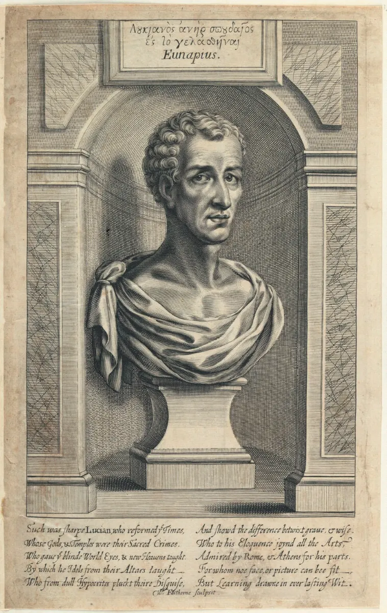 Engraving of a classical bust on a pedestal in an arched niche, with Latin and English verses below.