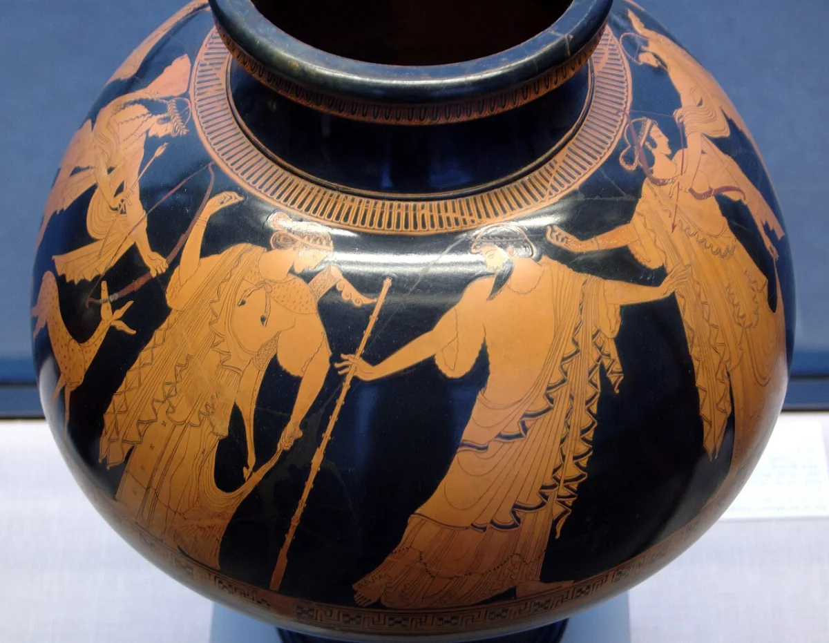 Red-figure wine-cooler: Zeus stands between Apollo with his bow and Idas, who holds Marpessa.