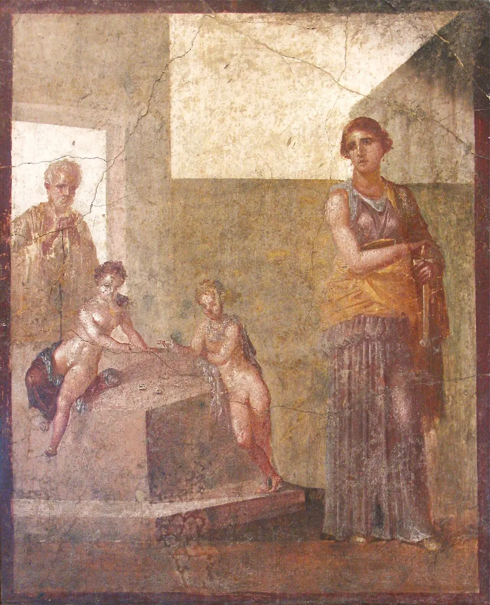 Wall painting: a woman in a yellow mantle stands holding a sword, while two boys play at dice beside an old man.