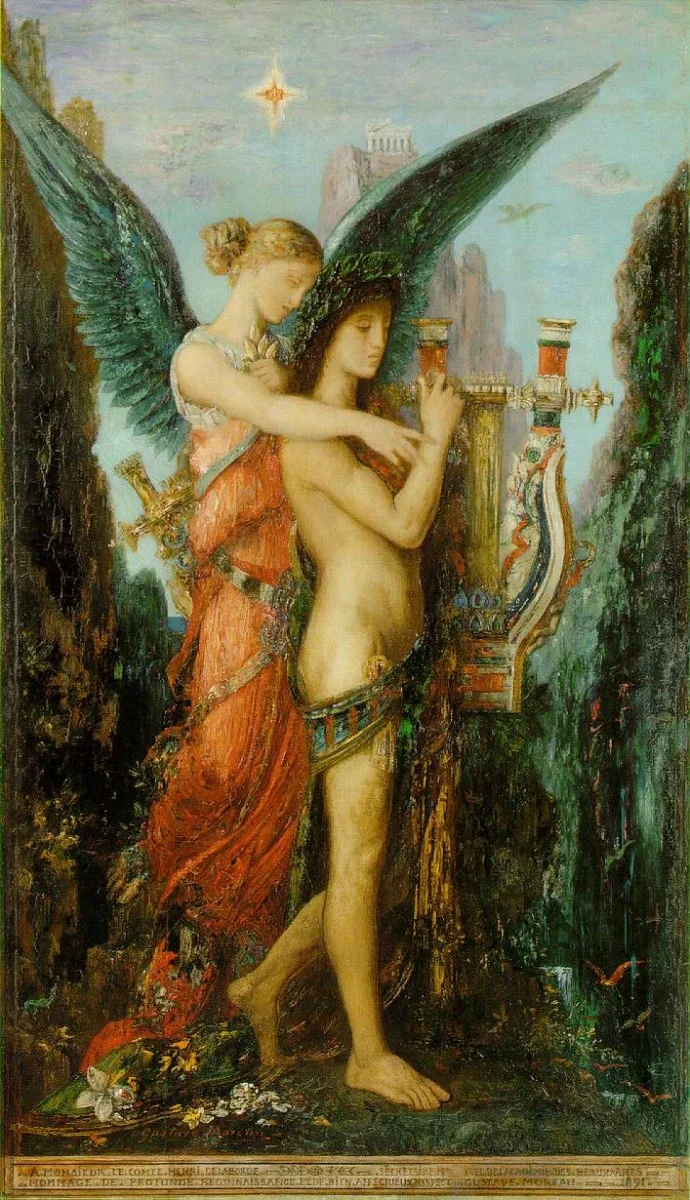 A painting: a winged Muse embraces a young poet holding a lyre.