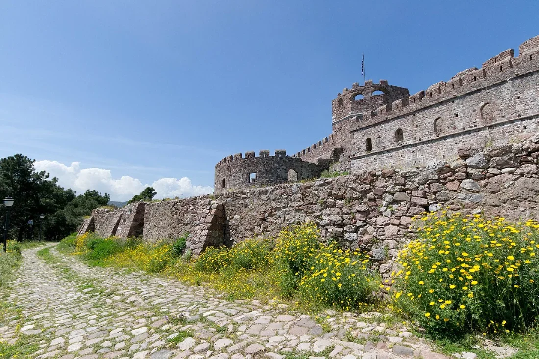 A cobbled path beside old stone walls and a tower, with yellow flowers.