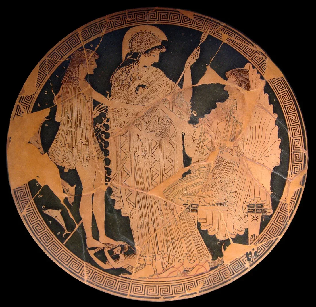A round painting inside a cup: a youth stands before a seated goddess, Athena between them.
